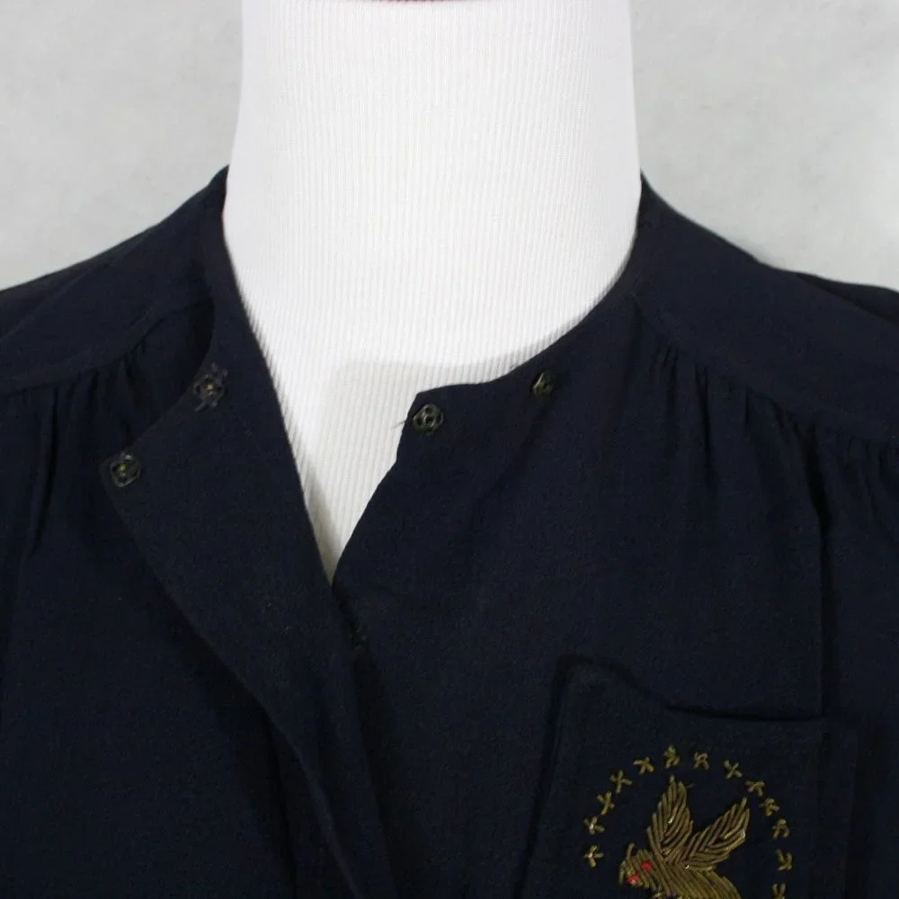 Vintage 40's Navy Blue Crepe Dress w/Embroider Pocket & Gold Cord Belt SZ XS EUC - Picture 6 of 7